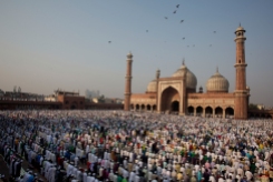 Indian Muslims offer prayers to mark the festival of Eid al-Adha at Jama Masjid in New Delhi, India, Monday, Oct. 6, 2014. (AP Photo/Bernat Armangue)