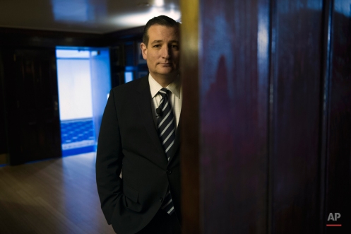 Republican presidential candidate Sen. Ted Cruz, R-Texas waits to be announced to speak at the Hispanic Chamber of Commerce (USHCC) meeting, Wednesday, April 29, 2015, at the National Press Club in Washington. (AP Photo/Cliff Owen)