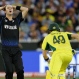 New Zealand's Matt Henry reacts while bowling to Australia's Steve Smith during the Cricket World Cup final in Melbourne, Australia, Sunday, March 29, 2015. (AP Photo/Rob Griffith)