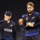 New Zealand captain Brendon McCullum, left, talks with his bowler Dan Vettori during the Cricket World Cup final against Australia in Melbourne, Australia, Sunday, March 29, 2015. (AP Photo/Rob Griffith)