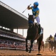 Victor Espinoza reacts after crossing the finish line with American Pharoah (5) to win the 147th running of the Belmont Stakes horse race at Belmont Park, Saturday, June 6, 2015, in Elmont, N.Y. American Pharoah is the first horse to win the Triple Crown since Affirmed won it in 1978. (AP Photo/Julio Cortez)
