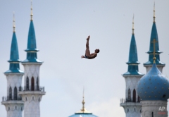 Michal Navratil of the Czech Republic competes during the men's 27 meter high dive final at the Swimming World Championships in Kazan, Russia, Wednesday, Aug. 5, 2015. (AP Photo/Denis Tyrin)