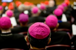 Bishops and cardinals attend the opening session of a two-week bishops' meeting on family issues, at the Vatican, Monday, Oct. 5, 2015. The Synod of bishops and cardinals from around the world is aimed at making the church's teaching on family life relevant to today's Catholic families. (AP Photo/Alessandra Tarantino)