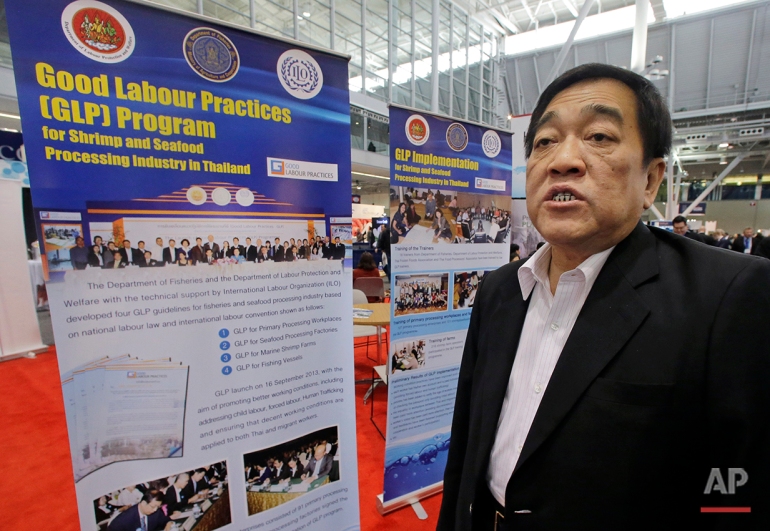 In this Monday, March 16, 2015 photo, Thai Frozen Foods Association President Dr. Poj Aramwattananont speaks during an interview at the Seafood Expo in Boston. He said Thais know that human trafficking is wrong, but Thai companies cannot always track down the origins of their fish and whether it is "good or bad." (AP Photo/Elise Amendola)