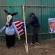 In this May 1, 2016 photo, a man dresses a donkey to resemble Donald Trump in preparation for the costume competition at the annual donkey festival in Otumba, Mexico state, Mexico. The donkey was later adorned with a blond wig and eyebrows. None of the Trump entrants won much favor with the audience at the 51st annual donkey fest. Audience applause chose donkeys emulating a Smurf, a firefighter and an Uber ride for the first top three prizes. (AP Photo/Rebecca Blackwell)