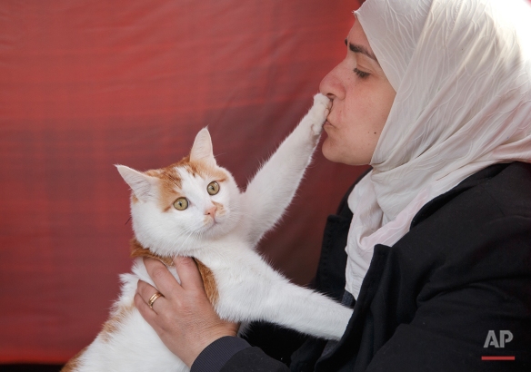 A Syrian migrant woman kisses the paw of Tabush, a male cat that made the trip from Syria to Greece with its owners at the northern Greek border station of Idomeni, Saturday, March 5, 2016. (AP Photo/Vadim Ghirda)